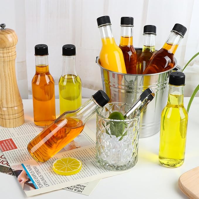 5 oz Hot Sauce Bottles, 35 Pack Clear Glass Woozy Bottles with Leak Proof Black Screw Caps, Empty Bottles for Sauces, Vanilla Extract, Wine, Beverage