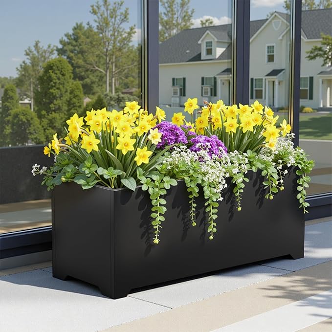 Metal Planter Box 36"L x 15"W x 15"H, Large Outdoor Rectangle Planters with 6 Drainage Holes & Raised Bottom, All-Weather Garden Planter Box for Patio, Lawn, Commercial & Residential, Black