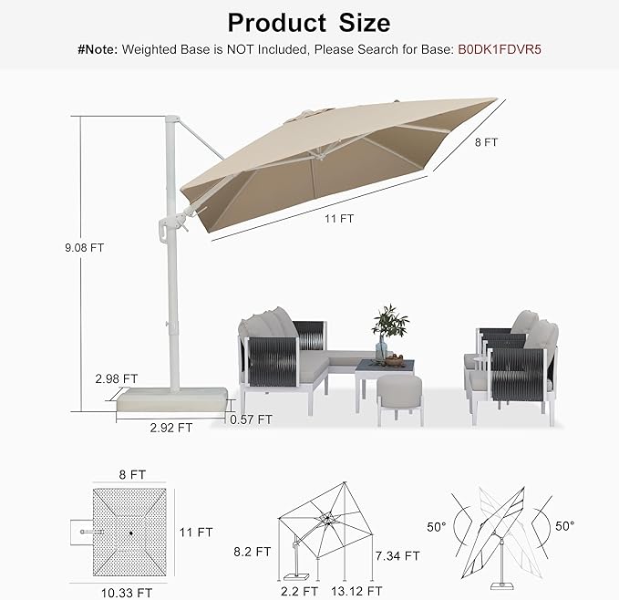PURPLE LEAF 8' X 11.5' Right-left Tilt Patio Umbrella Swivel White Cantilever Umbrella with Tilt Aluminum Outdoor Umbrella with 360° Rotation for Deck Pool Garden, Beige