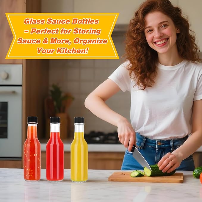 Hot Sauce Bottles 5 oz, 35 Pack Glass Woozy Bottles with Leak Proof Black Caps, Shrink Capsules & Brush, 150ml Empty Bottles for Hot Sauces, Home Bottling, Oils, Vanilla Extract & Gifts