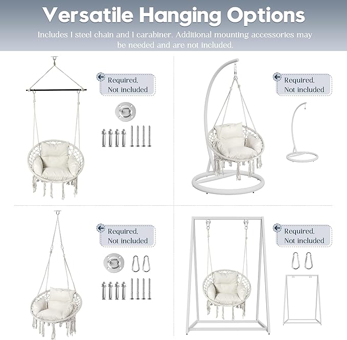 Hammock Hanging Rope Swing Chair with Cushion - Max 330 Lbs, Sturdy Hammock Swinging Chair for Bedroom, Porch, Balcony -White (White)