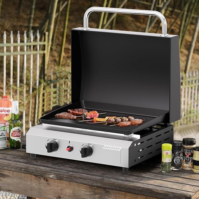 SKOK 2 Burner Gas Griddle with Hood- 17 Inch Outdoor Propane Griddle-30000 BTU Propane Fuelled, Portable Flat Top Gas Grill Camping Griddle with Lid for Kitchen, Outdoor BBQ, Camping