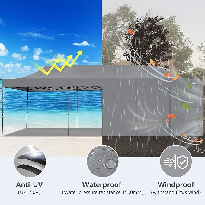 COBIZI 10x30 Heavy Duty Pop up Canopy with 8 sidewalls Stable Wedding Outdoor Tents for Parties Canopy Pop Up Party Tent UPF 50+ Waterproof Commercial Gazebo with Roller Bag, Gray(Windproof Upgraded)