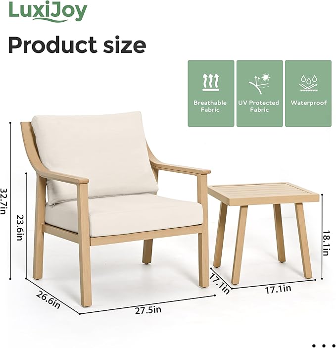3-Piece Patio Conversation Bistro Sets, Outdoor Aluminum Bistro Sets with Thick Cushion, Modern Side Table and Chairs Set of 2, Rustproof and Waterproof for Porch Deck Garden, Beige