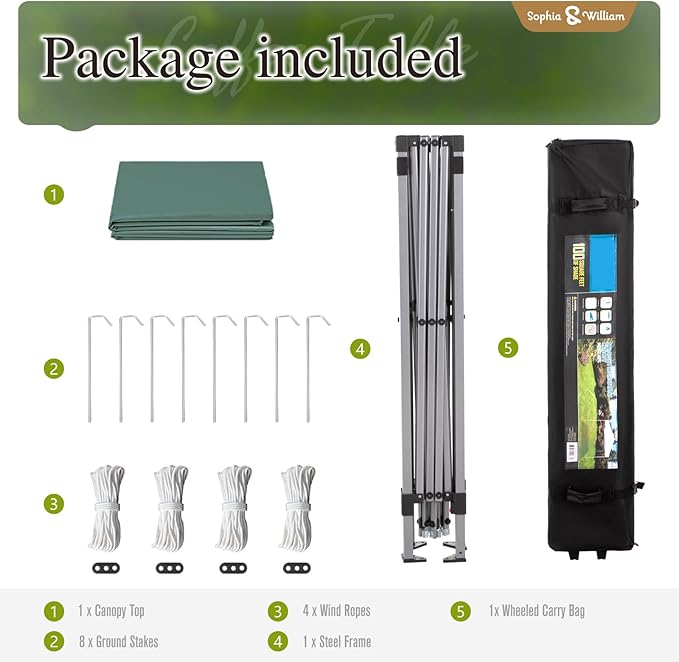 Sophia & William Canopy Tent Pop Up 10x10 ft, Outdoor Patio Portable Commercial Canopies Shelter Heavy Duty Straight Legs with Roller Bag, 8 Stakes, 4 Guy Ropes, UPF50+, Green