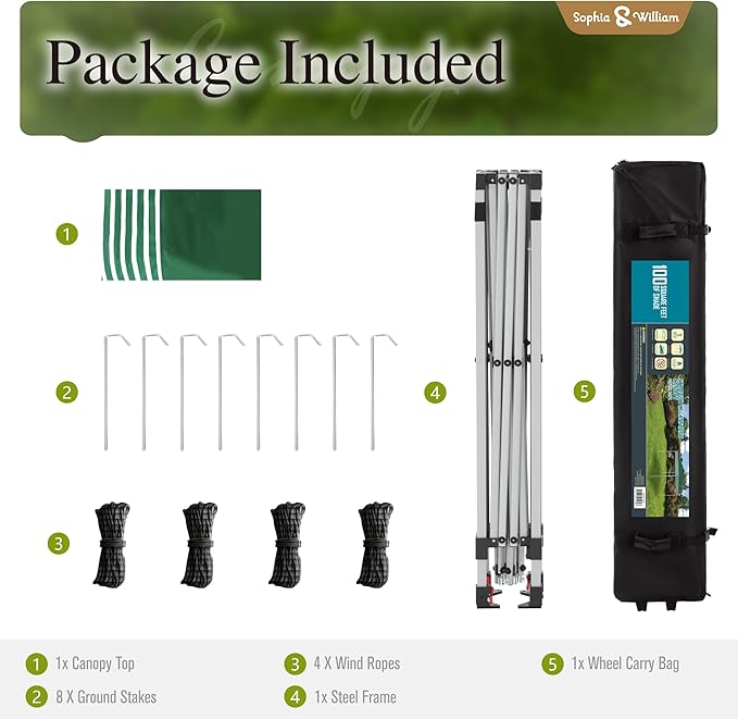 Sophia & William Canopy Tent Pop Up 10x10 ft, Outdoor Patio Portable Commercial Canopies Shelter Heavy Duty Straight Legs with Roller Bag, 8 Stakes, 4 Guy Ropes, UPF50+, Green & White Stripes