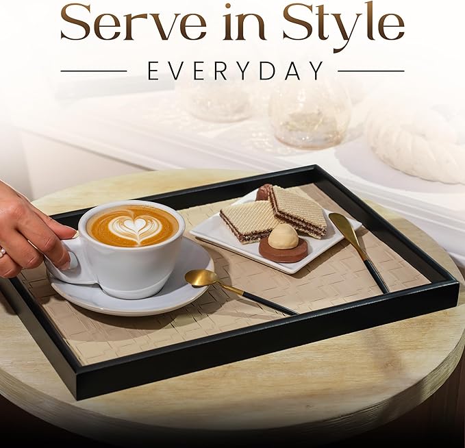 Solvane Wooden Serving Tray in Black โ 15x11in Rectangular Ottoman & Coffee Table Tray, Decorative Wood Tray with PU Leather Base for Living Room, Kitchen, Bathroom & Vanity