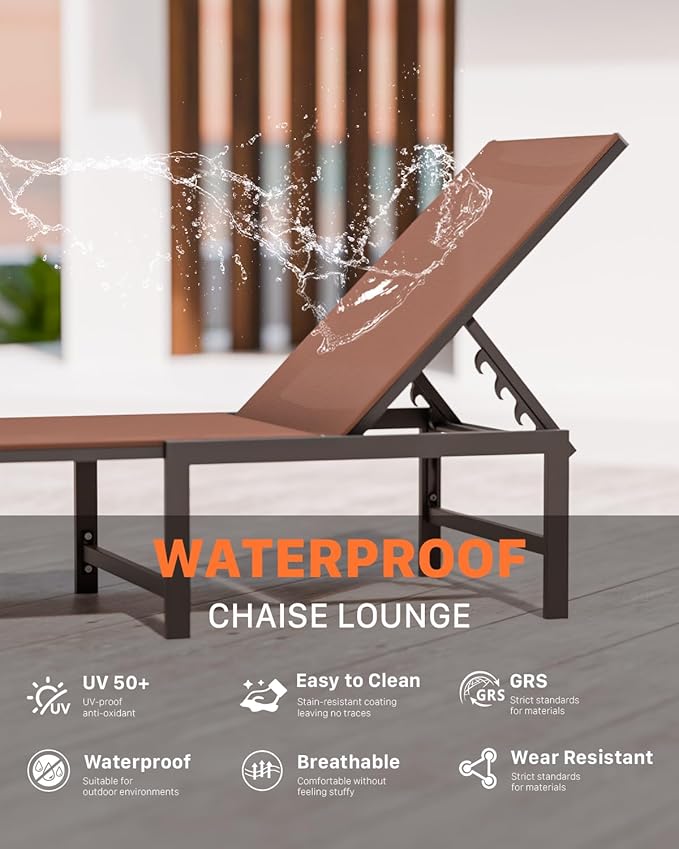 Chaise Lounge Chair Outdoor,Aluminum Patio Lounge Chairs Set of 2,Pool Lounge Chairs with 5 Adjustable Backrest and Headrest Pillows for Outside Beach,Brown