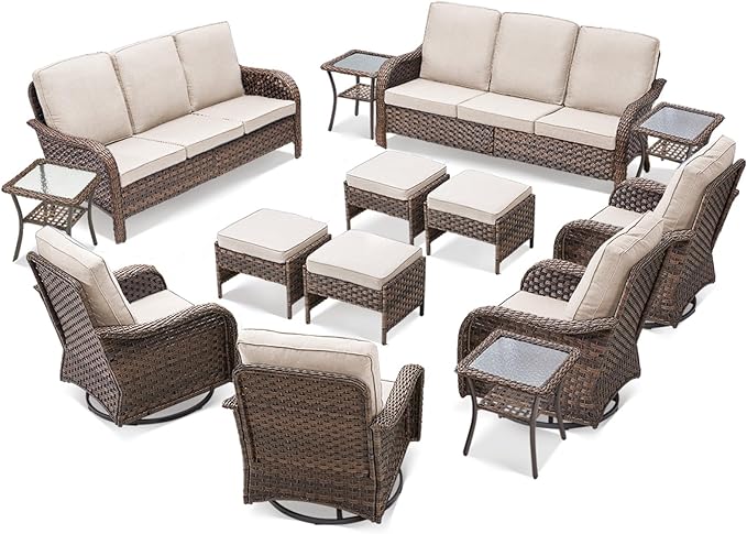 Patio Furniture Set-14 Pieces All-Weather Outdoor Fueniture Set with High Back Outdoor Swivel Rocking Chairs Patio Conversation Sets for Garden Porch Deck Brown/Beige