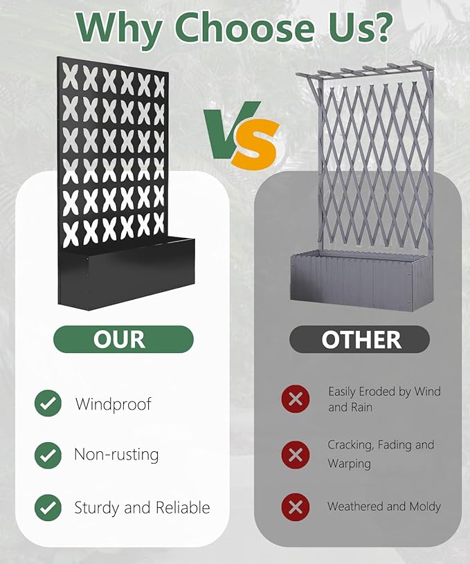 Metal Planter Box with Trellis,70.9"x47.2"x15.7" Raised Garden Bed with Drainage Holes, Privacy Planters for Outdoor Garden Bed for Climbing Plants,Vegetables,and Vines, Black-X