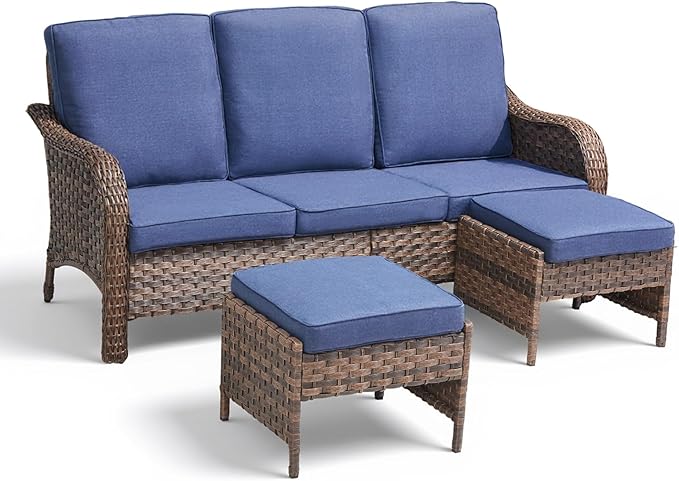 All Weather Wicker Patio Couch Set, Modern 3-Seater PE Wicker Outdoor Sofa Set with 2 Ottomans, All-Weather Thick Cushions & Curved Backrest for Patio Balcony Deck (Blue/Brown
