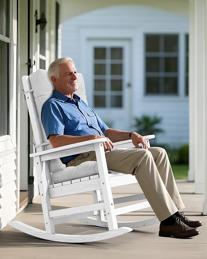 SERWALL Oversized Outdoor Rocking Chair, HDPE Rocker with Cushion, Patio Rocking Chairs for Porch, White Chair+Gray Cushion