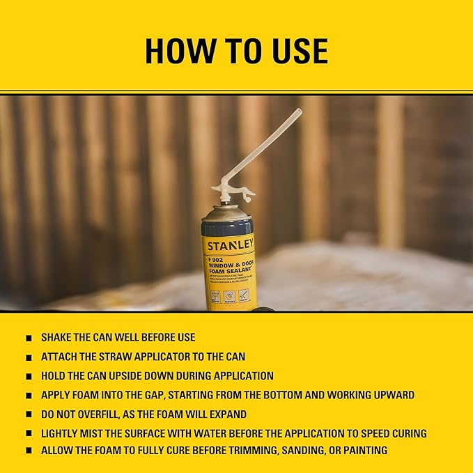 Stanley F902 Window & Door Foam Sealant (1x12 Oz.) – Low Expansion Polyurethane Insulating Spray Foam | Gaps and Cracks Filler for Window & Door Frames, Waterproof Sealant with Straw | 12 Oz. 1 Pack