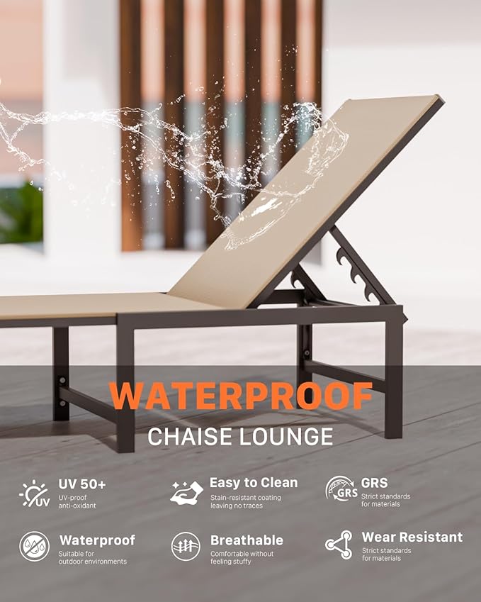 Chaise Lounge Chair Outdoor,Aluminum Patio Lounge Chairs Set of 2, Adjustable 5-Position Recliner and Full Flat Tanning Chair with Pillow for Pool, Outside,Beach,Khaki