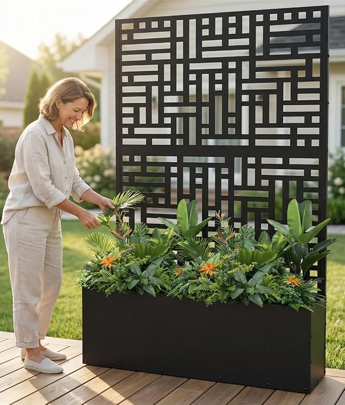 2PCS Metal Planter Box with Trellis,70.9"x47.2"x15.7" Raised Garden Bed with Drainage Holes, Privacy Planters for Outdoor, Garden Bed for Climbing Plants,Vegetables,and Vines, Black-Modular