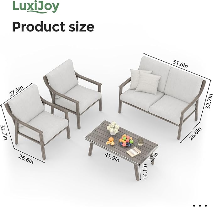 Patio Conversation Sets 4 Pieces - Aluminum Loveseat Outdoor Furniture Sets with Thick Cushion, Coffee Table and Chairs Set of 2, Rustproof and Waterproof for Porch Deck Yard, Grey