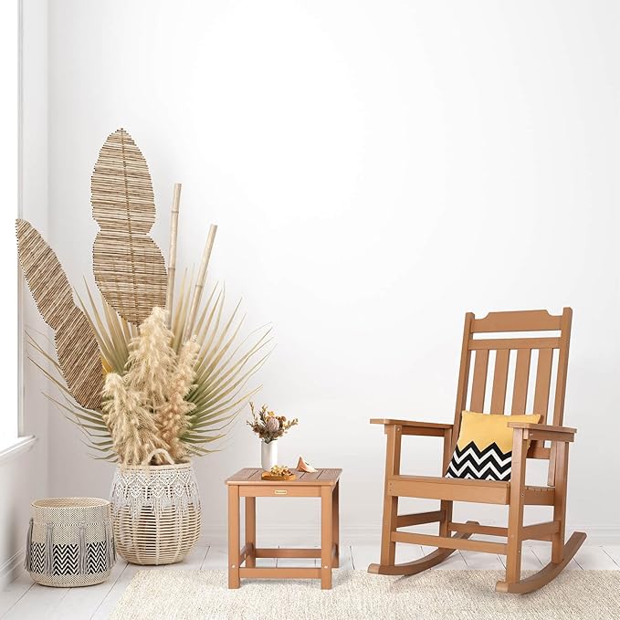 Rocking Chair, All Weather Resistant Poly Lumber Outdoor Porch Rocker, Rocking Chairs for Outdoor, Indoor, Patio, Deck, Garden, Backyard, Load Bearing 380 lbs - Teak