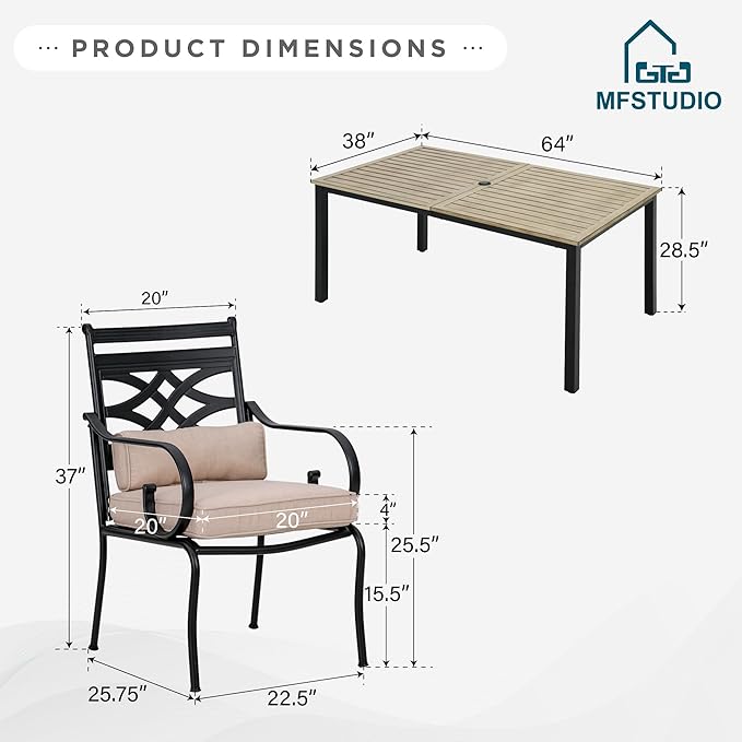 MFSTUDIO Outdoor Dining Set for 6, Patio Table and Chairs Set for Deck Backyard Garden, 7 Piece Patio Furniture Dining Set with with Umbrella Hole