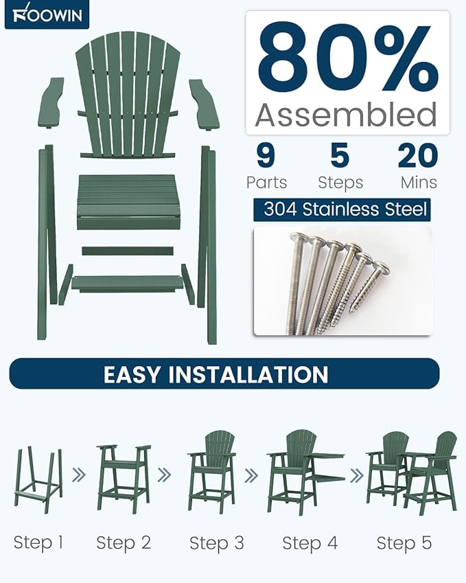 FOOWIN Tall Adirondack Chair Set of 4, All Weather HDPE Bar Height Adirondack Chair with Double Connecting Trays, Adirondack Barstools for Balcony, Deck, Backyard, Patio, Garden Dark Green