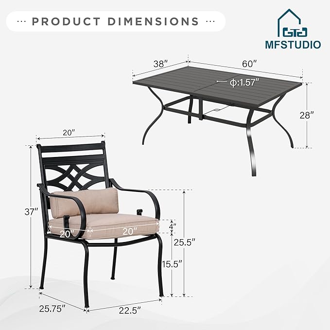 MFSTUDIO Patio Table and Chairs Set of 6, Patio Dining Sets for 6 Persons, Outdoor Dining Set with Umbrella Hole,Patio Furniture Set for Deck Backyard Garden