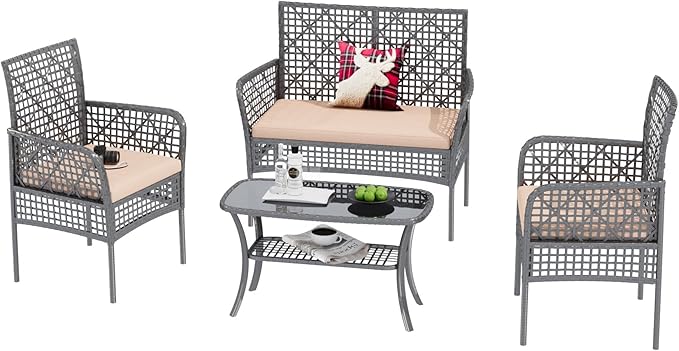 4-Piece Patio Furniture Set, Weather-Resistant Rattan Patio Conversation Set with Two-Tier Coffee Table, Upholstered Openwork Wicker Furniture for Porch, Garden, Lawn, Khaki