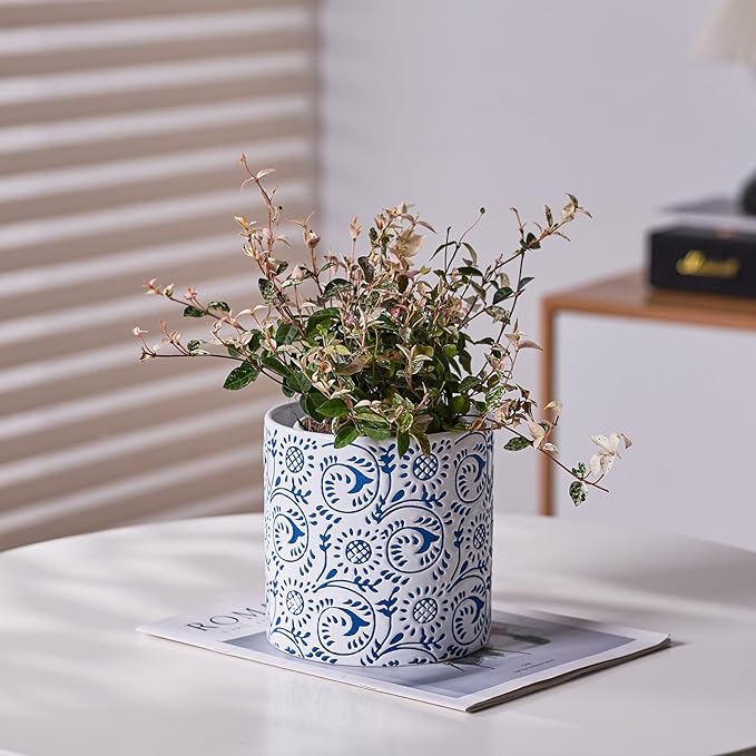 Ceramic Plant Pot for Indoor Plants, 4.7 Inch Boho Flower Pot with Drainage Holes, Modern Planter for Home & Office Decor(Blue)