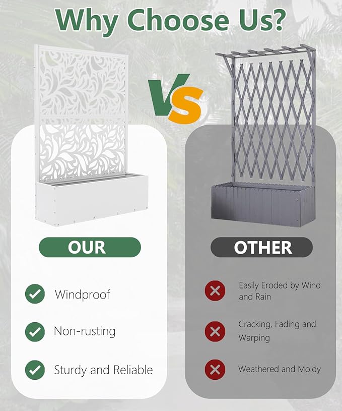 2PCS Metal Planter Box with Trellis,70.9"x47.2"x15.7" Raised Garden Bed with Drainage Holes, Privacy Planters for Outdoor Garden Bed for Climbing Plants,Vegetables,and Vines, White-Flower