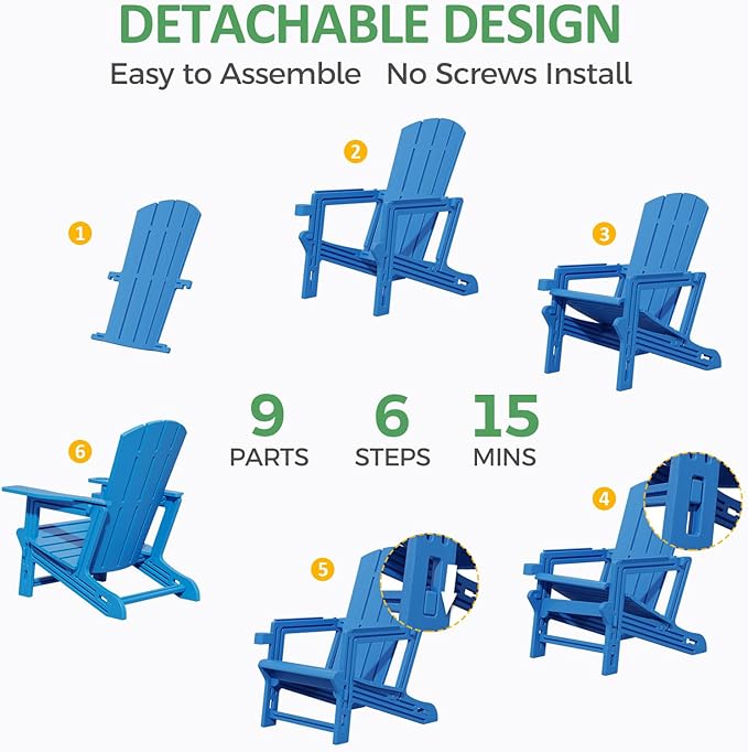 Adirondack Chairs Set of 6,Plastic Adirondack Chair with Cup Holders, All-Weather Outdoor Fire Pit Patio Chairs for Lawn,Backyard Deck, Porch,400LBS Heavy-Duty,Klein Blue