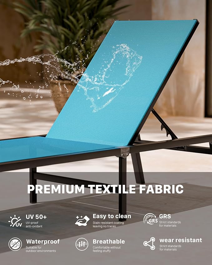Aluminum Patio Chaise Lounge Chair Set of 2 with Side Table,5-Position Adjustable Backrest,Foldable Lounge Chair Outdoor,Pool Lounge Chairs for Poolside,Lawn,Deck,Beach (Blue, 2 Pack+Table)