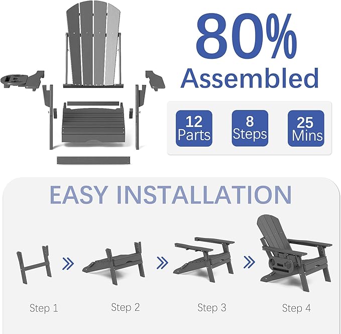 FOOWIN Adirondack Chair with Retractable Ottoman,HDPE Folding Adjustable Adirondack Chair w/4 in 1 Cup Holder Trays,All-Weather Resistant Fire Pit Chair for Outdoor Patio Lawn Set of 6