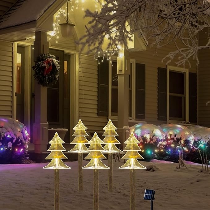 Christmas Solar Pathway Lights, Solar Tree Lights with Stake Landscape Lights Outdoor Waterproof Christmas Decorative Lights for Garden Yard Lawn Patio Walkway, 5 Pack