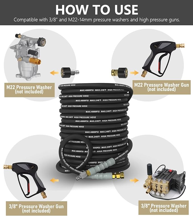 3/8" Pressure Washer Hose 100FT 4800 PSI, Kink Resistant Steel Braided Layer & NonMarking Rubber for Hot/Cold Water, High Power Washer Hose With 3/8 Inch Quick Connect & M22 Fitting, Black