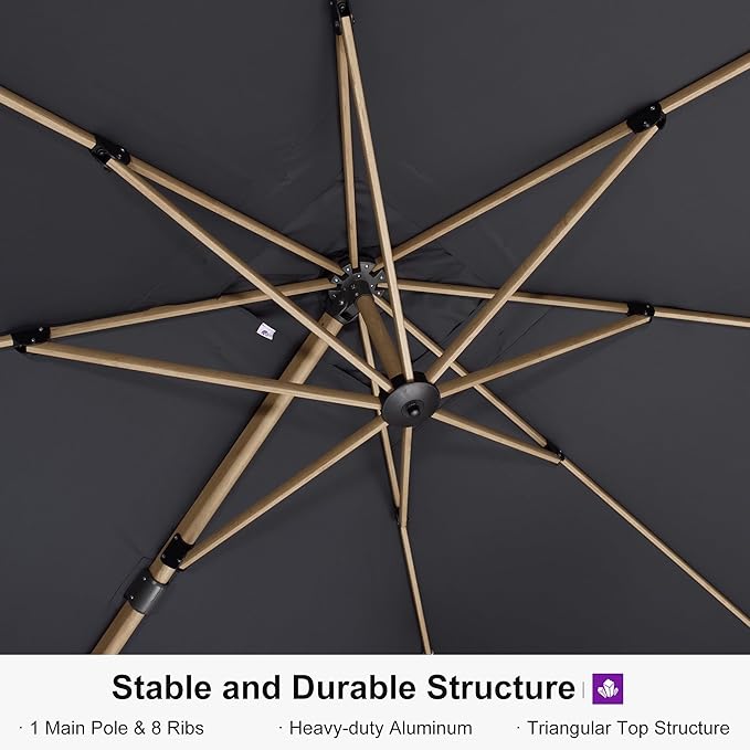 PURPLE LEAF 9' x 12' Rectangle Patio Cantilever Umbrella With Base Large Hanging Umbrella Teak Finished Aluminum Frame Windproof Offset Outdoor Sun Umbrellas for Beach Pool Deck, Grey