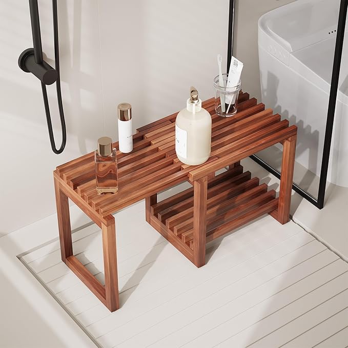 EROMMY Adjustable Length 29 Inches Shower Stool for Inside Shower, Waterproof Bench with Storage Shelf, Teak Shower Bench for Sitting, Shelving Legs, Spa Use, Shower Chair for Adults Seniors Elderly