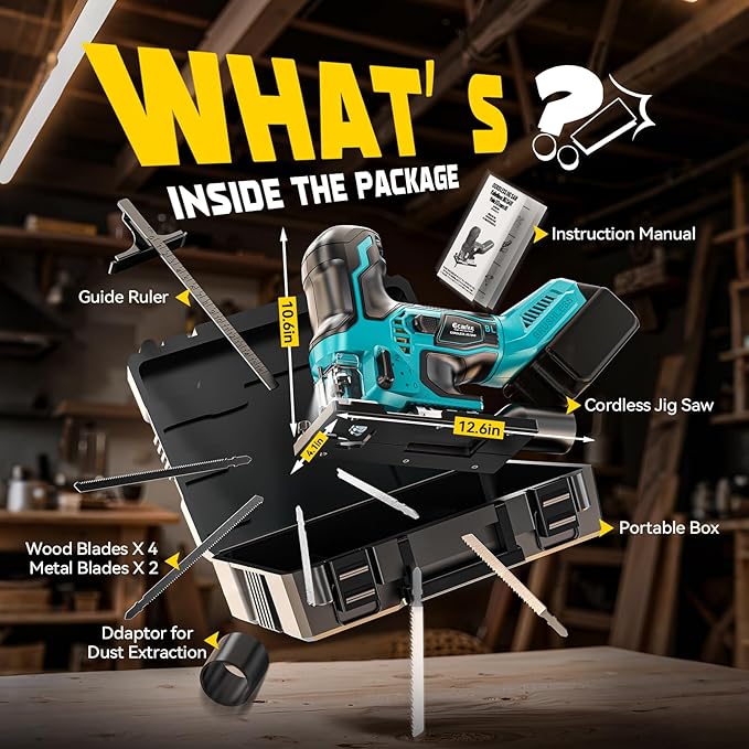Ecarke Cordless&Brushless Jig Saw Compatible With Makita 18V Battery, 3800RPM, 7 Speeds Dial Control, Free-Tool ±45° Bevel Cuts, 4 Orbital Action, Dust Blows and 6 Blades For Cutting (Exclude Battery)