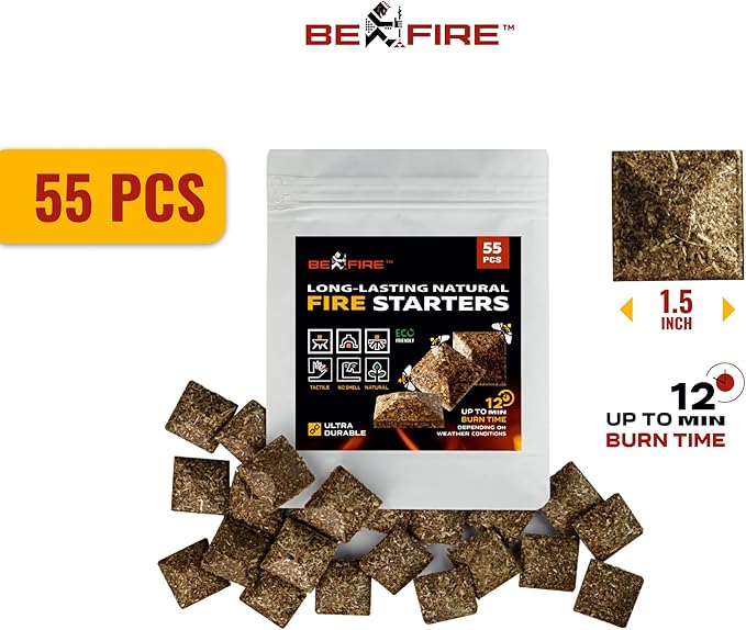 BeFire Fire Starter โข 55 pcs Natural Fire Starters up to 12 Min Burn Time Firestarters for Indoor Fireplace, Campfires & Camping, Wood Stove, Grill