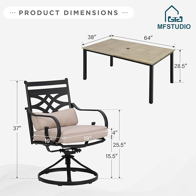 MFSTUDIO Patio Dining Sets for 6, Patio Table and Chairs Set with Umbrella Hole, 7 Piece Outdoor Patio Furniture Set for Deck Backyard Garden, Outdoor Dining Set for 6 with Swivel Chairs