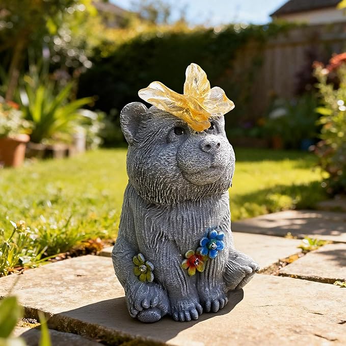 Adorable Baby Bear Garden Statue with Solar Butterfly Light - Cute Bear Cub Figurine with Flower Accents - Outdoor Decor for Patio Lawn - Christmas Housewarming Birthday Gifts for Grandma Mom Women