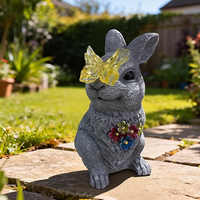Charming Bunny Garden Statue with Solar Light - Rabbit Figurine Featuring Glowing Flowers & Butterfly - Rustic Outdoor Decor for Spring Patio & Yard - Christmas Birthday Gifts for Grandma Mom Women