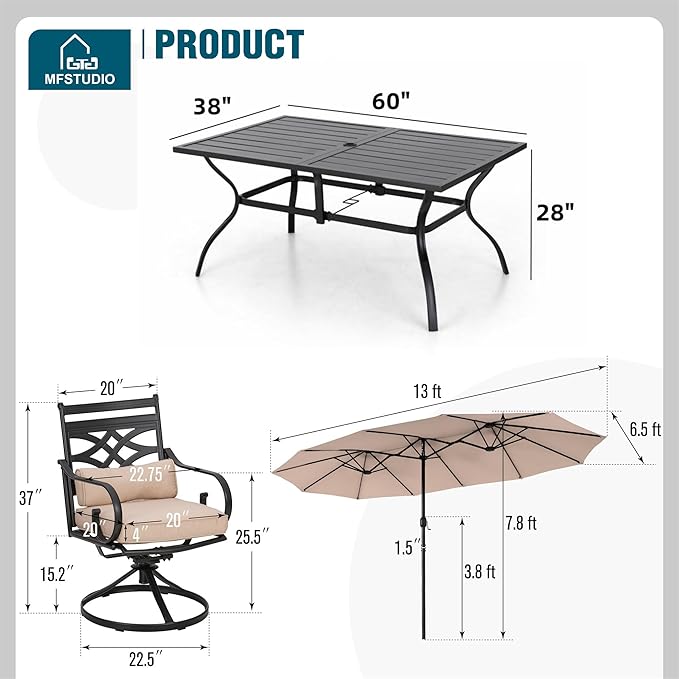 MFSTUDIO Patio Dining Sets for 6, Outdoor Dining Set with Umbrella, Patio Furniture Set with Umbrella for Deck, Poolside, Backyard, Garden (Umbrella Base Not Included)