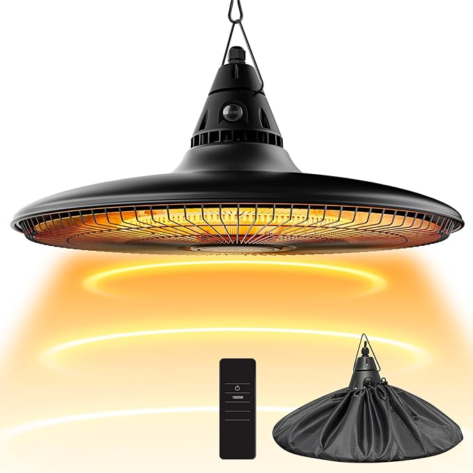 Ceiling Electric Outdoor Heater Wall-Mounted Hanging Patio 1500W Infrared Carbon Fiber Tube Heating Wall Heater for Gazebo, Balcony (Black - Circular Heating)