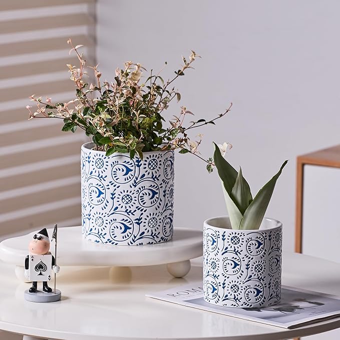 Ceramic Plant Pot for Indoor Plants, 6 Inch Boho Flower Pot with Drainage Holes, Modern Planter for Home & Office Decor(Blue)