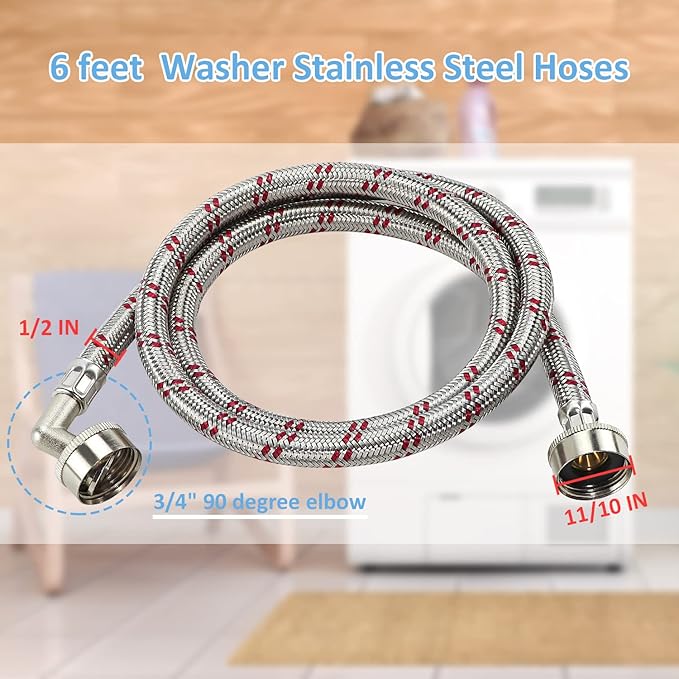 Cenipar Washing Machine Hoses 6 feet Premium Stainless Steel with 90 Degree Elbow, Burst Proof (cost-effective 2 pack) Red and Blue Striped Water Connection Inlet Supply Lines