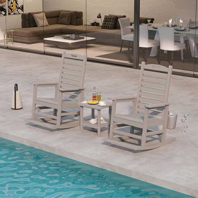 Outdoor Rocking Chairs Set of 2 with Footrest, Side Table & 11FT Cantilever Umbrella, HDPE Rocking Lawn Chair for Garden, Poolside, Deck (Grey)