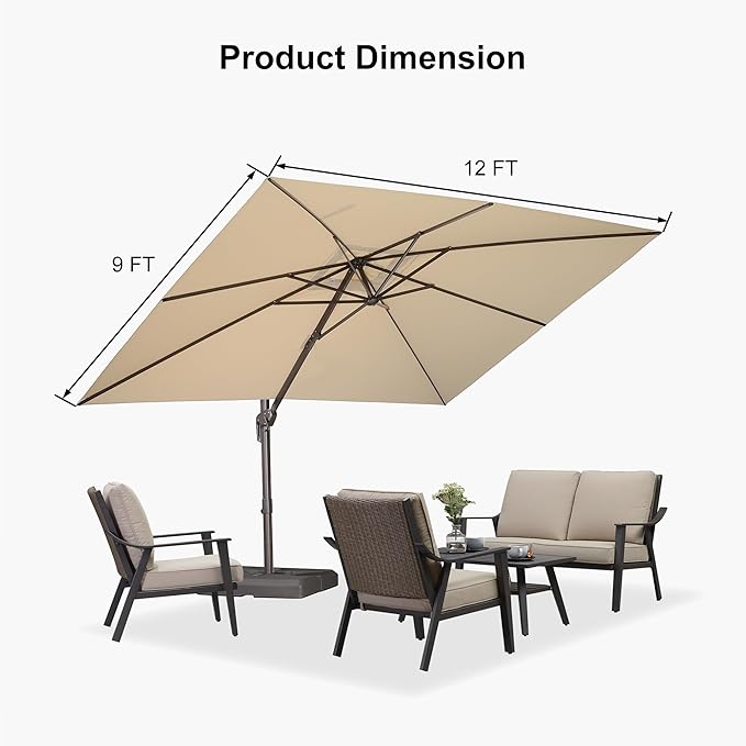 PURPLE LEAF 9' X 11.5' Rectangle Cantilever Umbrella with Base Patio Umbrella Outdoor Aluminum Offset Hanging Umbrella with 360-degree Rotation for Pool Garden Backyard Deck, Beige