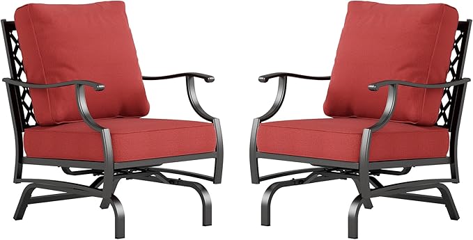 Metal Outdoor Rocker Patio Chairs Set of 2 with 5.75" Extra Thick Cushion, 2 Piece High Back Rocker Patio Chairs All Weather Outdoor Furniture Seating for Deck Balcony Porch, Rust Red