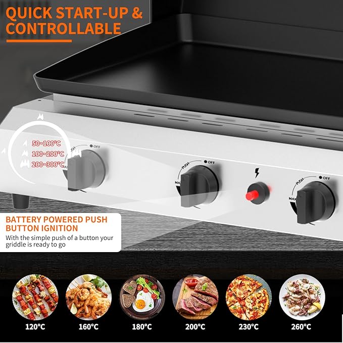 SKOK 4 Burners Outdoor Gas Griddle with Hood, Portable Flat Top Gas Grill-Table Top Propane Griddle Station with Side Shelves for Kitchen, Outdoor BBQ, Camping