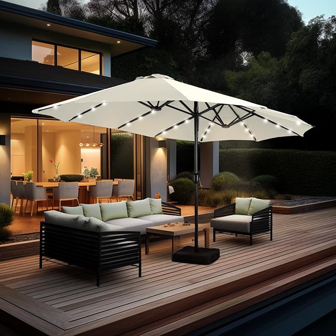 GREEN PARTY 15 ft Rectangle Patio Umbrella with Solar Lights and Base Included, Double-Sided Market Table Umbrella with Crank, Large Outdoor Umbrellas for Patio Poolside Garden Backyard, Ivory