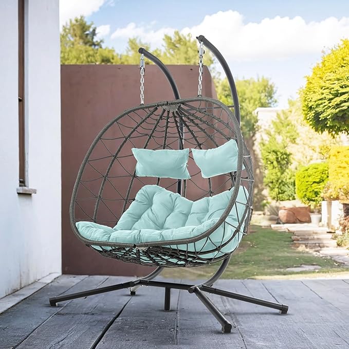 Double Egg Swing Chair with Stand, 2 Person Outdoor Indoor Hammock Hanging Chair with Cushion,Patio Wicker Hanging Egg Chair w/Cushion 700LBS Capacity for Bedroom, Balcony, Garden