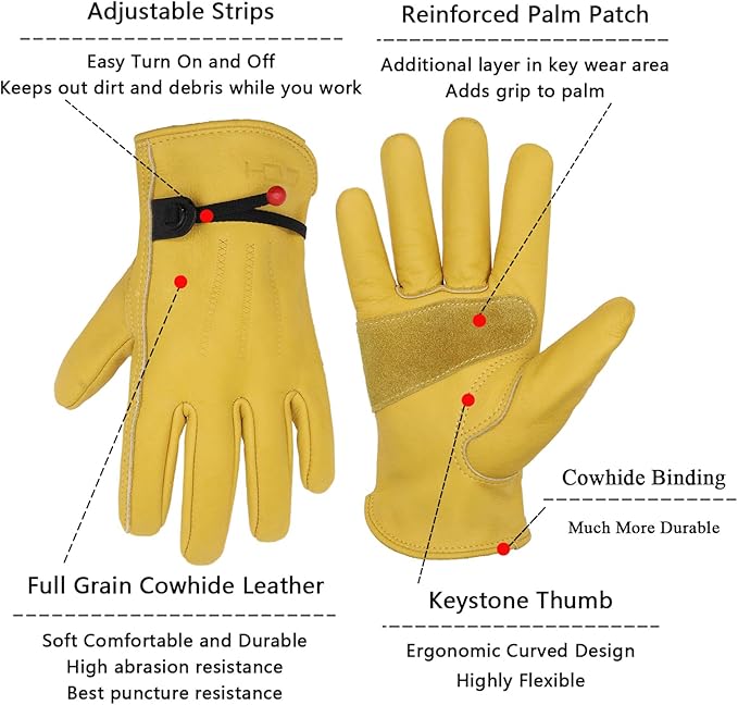 HLDD HANDLANDY Leather Work Gloves for Men & Women, Adjustable Wrist Cowhide Gardening Glove with Reinforced Palm for Driver